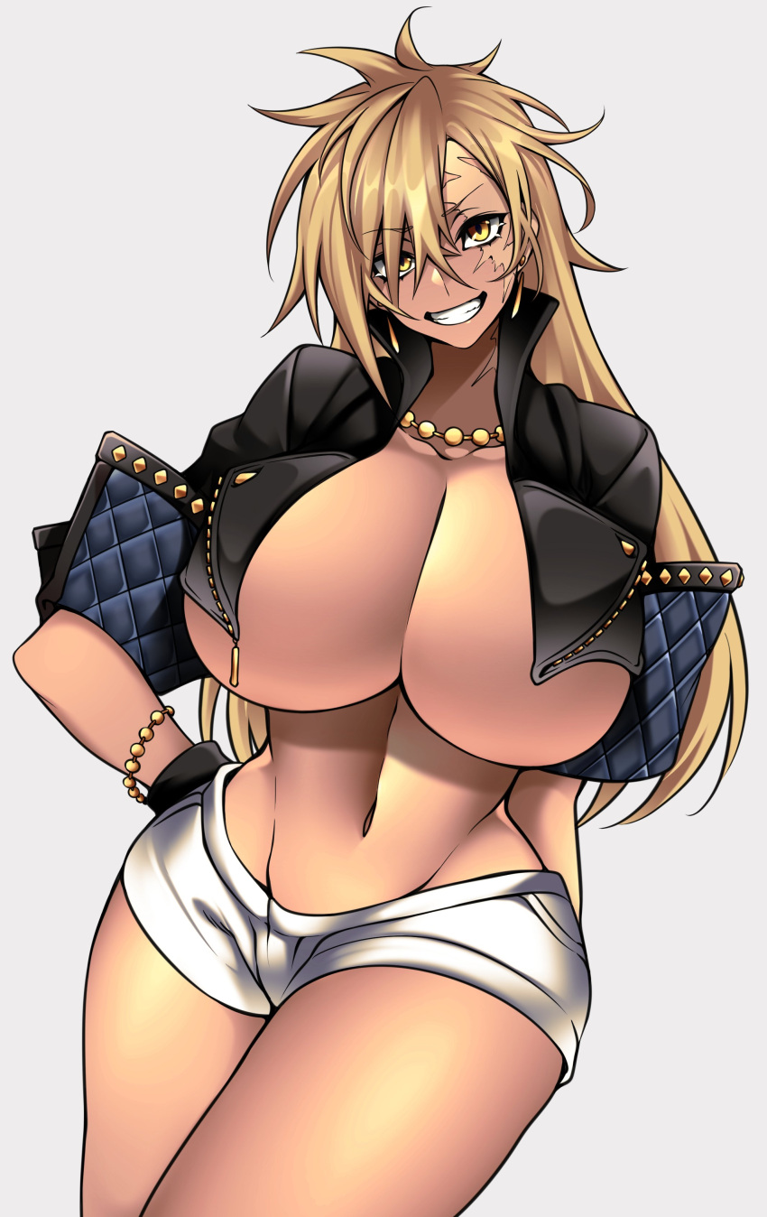 1girl abs absurdres black_gloves blonde_hair bracelet breasts cropped_jacket dark-skinned_female dark_skin determined english_commentary gloves hand_on_hip highres huge_breasts hz_(murder_license_) jacket jewelry long_hair muscular muscular_female necklace open_clothes open_jacket original scar scar_across_eye scar_on_face short_shorts shorts smirk solo vecky_(camui_kamui) yellow_eyes