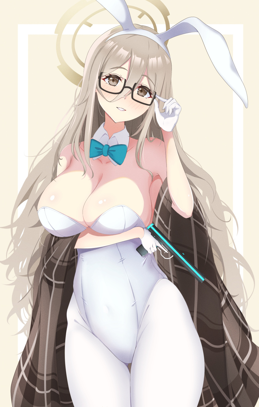 1girl absurdly_long_hair absurdres akane_(blue_archive) akane_(bunny)_(blue_archive) animal_ears bare_shoulders blue_archive blush border bow bowtie breasts cleavage earrings fake_animal_ears glasses halo highres jewelry kana_(wucz8478) large_breasts light_brown_hair long_hair looking_at_viewer smile solo very_long_hair wavy_hair white_border