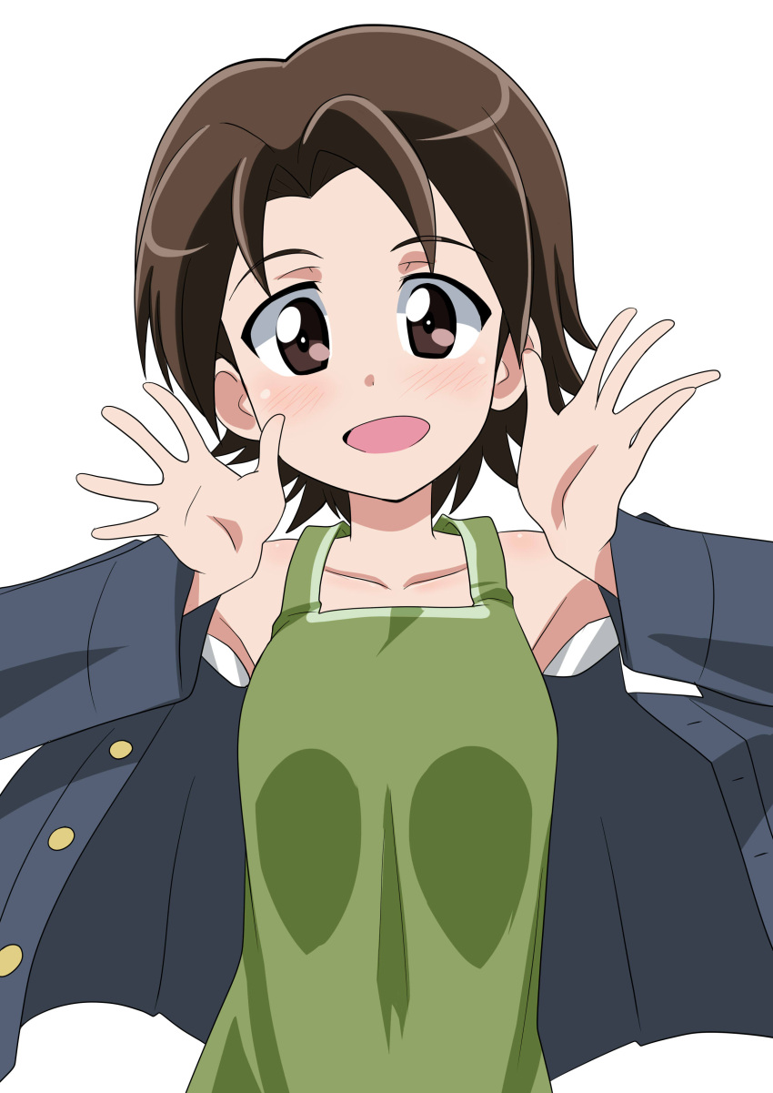 1girl absurdres bangs blue_jacket brown_eyes brown_hair commentary girls_und_panzer green_shirt highres jacket long_sleeves looking_at_viewer military military_uniform off_shoulder ooarai_military_uniform open_clothes open_jacket open_mouth parted_bangs pose sawa_azusa shirt short_hair simple_background smile tank_top uniform upper_body wakku_kan white_background