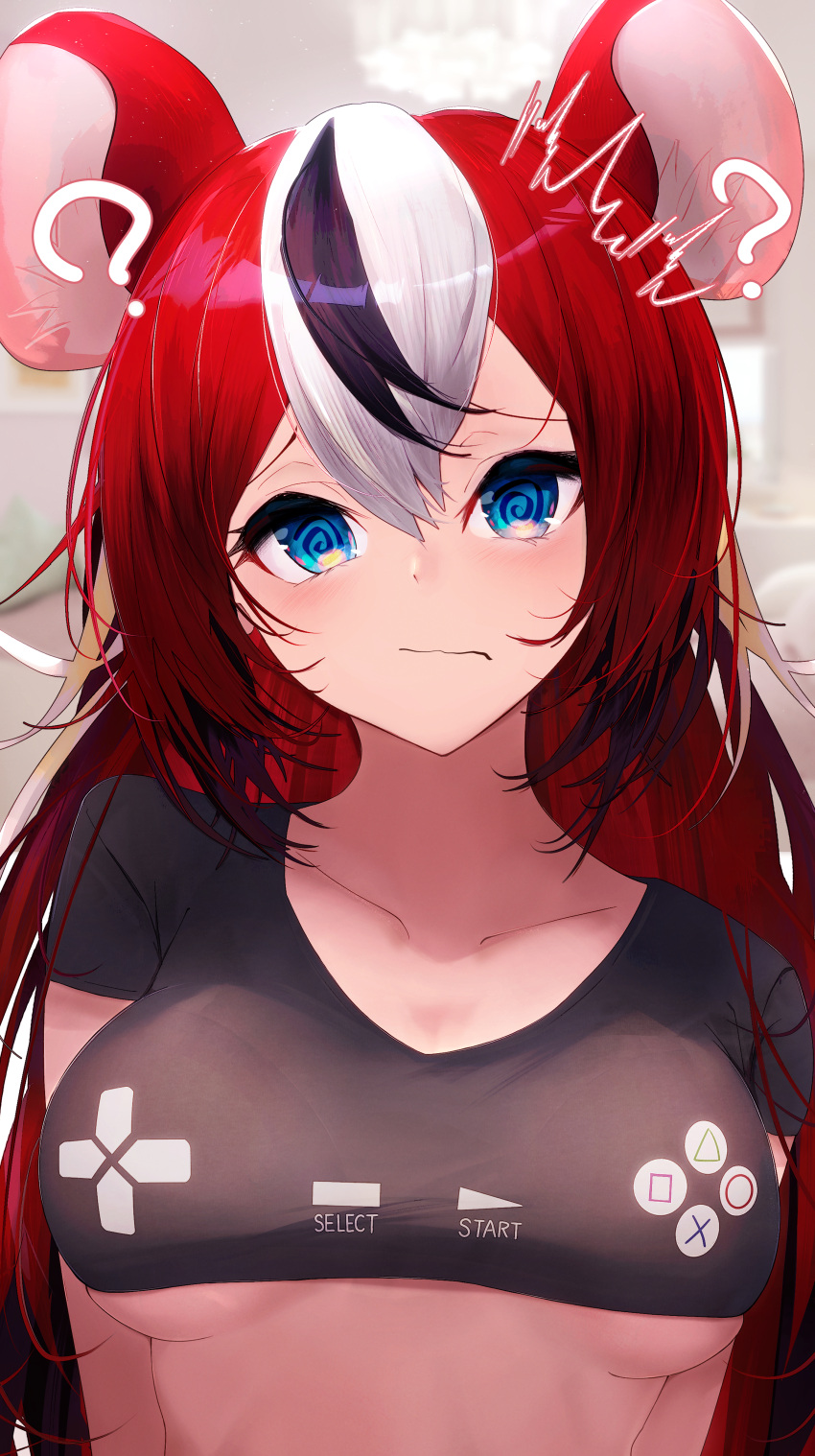 1girl ? @_@ absurdres animal_ear_fluff animal_ears bangs black_hair black_shirt blue_eyes breasts closed_mouth collarbone controller crop_top game_controller getto hakos_baelz highres hololive hololive_english long_hair looking_at_viewer medium_breasts mouse_ears mouse_girl multicolored_hair playstation_controller pout print_shirt raised_eyebrows red_hair shirt shy solo spoken_question_mark streaked_hair underboob upper_body virtual_youtuber white_hair