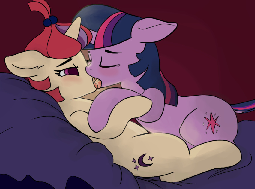 bed blush bodily_fluids book butt cutie_mark dark_lighting dock duo equid equine eyes_closed female female/female feral feral_on_feral french_kissing friendship_is_magic furniture hair hasbro horn inside kissing lying lying_on_bed mammal missing_accessory moondancer_(mlp) multicolored_hair my_little_pony on_back on_bed purple_body purple_hair quadruped red_hair red_tail saliva sloppy_kiss tan_body tongue tongue_out twilight_sparkle_(mlp) two_tone_hair unicorn yoditax