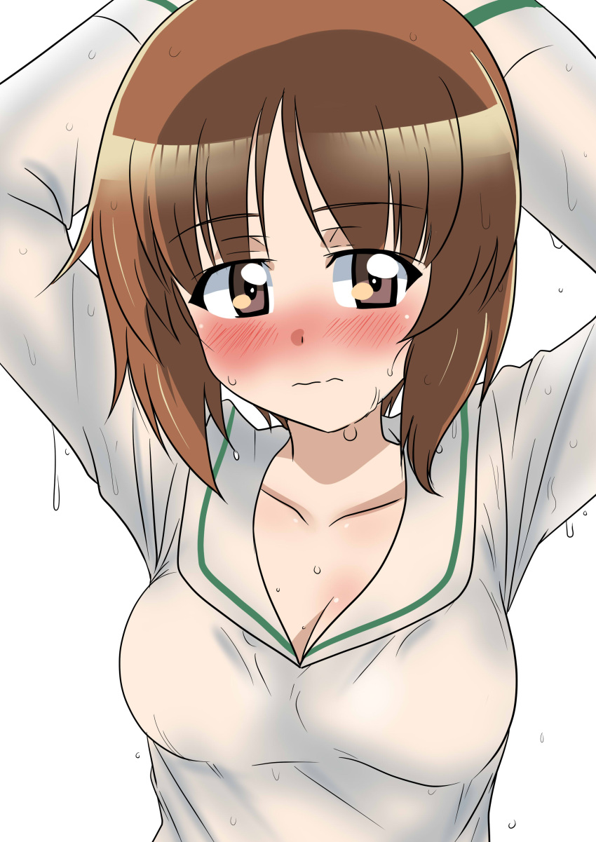 1girl absurdres arms_up bangs blouse breasts brown_eyes brown_hair closed_mouth commentary frown girls_und_panzer highres long_sleeves looking_at_viewer medium_breasts nishizumi_miho no_neckwear ooarai_school_uniform sailor_collar school_uniform shirt short_hair simple_background solo upper_body wakku_kan wet wet_clothes wet_shirt white_background white_sailor_collar white_shirt