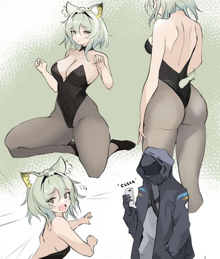1girl 1other @_@ alternate_costume animal_ear_fluff animal_ears arknights ass black_coat black_footwear black_gloves black_leotard breasts cat_ears cat_girl cat_tail cellphone cleavage coat commentary detached_collar doctor_(arknights) embarrassed english_commentary flying_sweatdrops gloves green_background grey_hair grey_pantyhose hand_in_pocket highleg highleg_leotard highres holding holding_phone hood hood_up hooded_coat kal'tsit_(arknights) kneeling large_breasts layton_(sanlayton) leotard looking_to_the_side mask multiple_views pantyhose phone playboy_bunny short_hair shoulder_blades smartphone strapless strapless_leotard tail tail_through_clothes taking_picture two-tone_background white_background