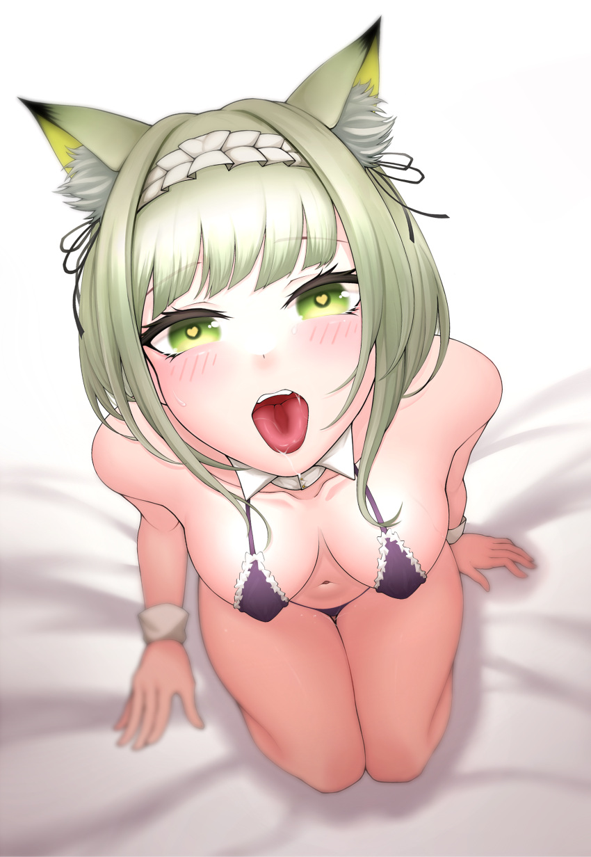 1girl absurdres animal_ears arknights bare_shoulders bed_sheet black_bra black_panties blush bra breasts cat_ears cleavage collarbone da39123 detached_collar frilled_bra frills from_above full_body green_eyes green_hair heart heart-shaped_pupils highres kal'tsit_(arknights) large_breasts looking_at_viewer looking_up navel open_mouth panties saliva seiza short_hair sitting solo symbol-shaped_pupils tongue tongue_out underwear underwear_only wrist_cuffs