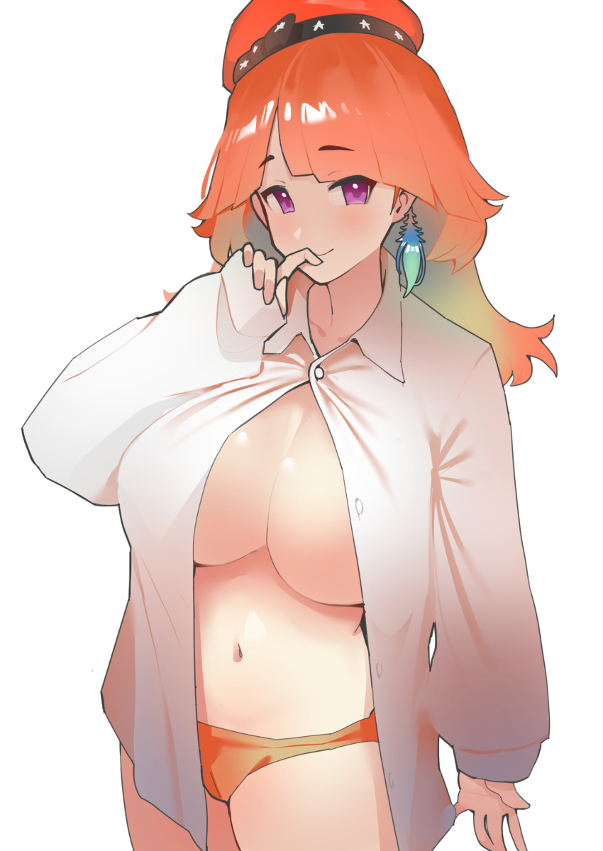 1girl blush breasts dismassd earrings feather_earrings feather_hair feathers gradient_hair green_hair highres hololive hololive_english huge_breasts jewelry large_breasts looking_at_viewer multicolored_hair navel no_bra open_clothes orange_hair orange_headwear orange_panties panties purple_eyes shirt single_earring smile solo takanashi_kiara underwear virtual_youtuber white_shirt