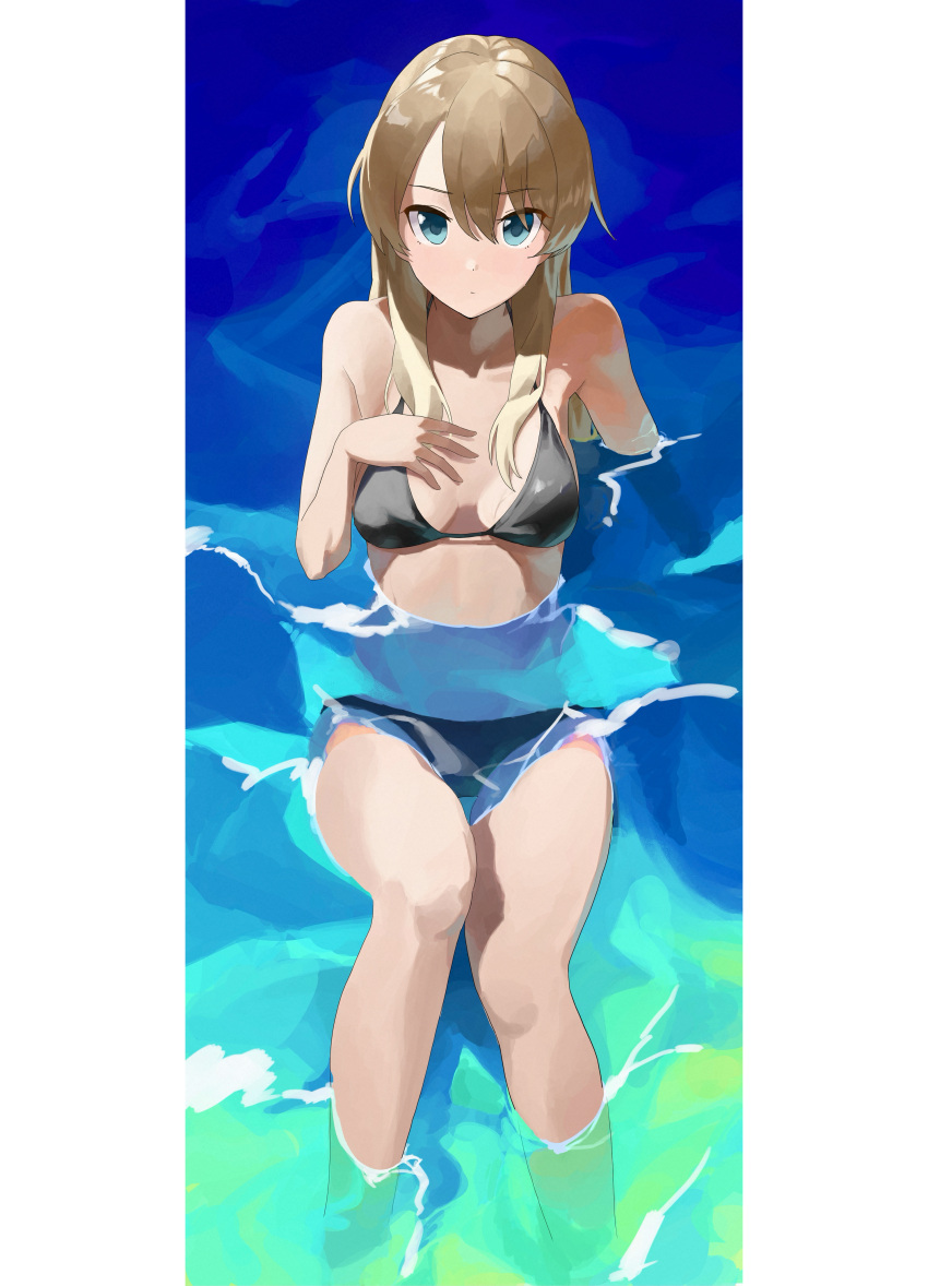 1girl absurdres bangs bare_arms bare_legs bikini black_bikini blonde_hair border breasts chiisamekai cleavage closed_mouth collarbone green_eyes hair_between_eyes highres long_hair looking_at_viewer new_game! pillarboxed shiny shiny_hair sitting small_breasts solo straight_hair swimsuit water white_border yagami_kou