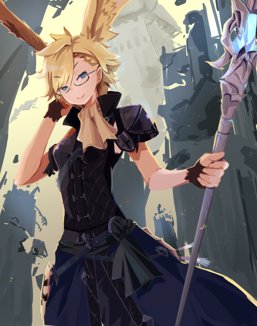 1girl absurdres avatar_(ff14) bad_source blonde_hair final_fantasy final_fantasy_xiv glasses highres looking_at_viewer polearm rabbit_girl short_hair smirk spear viera weapon