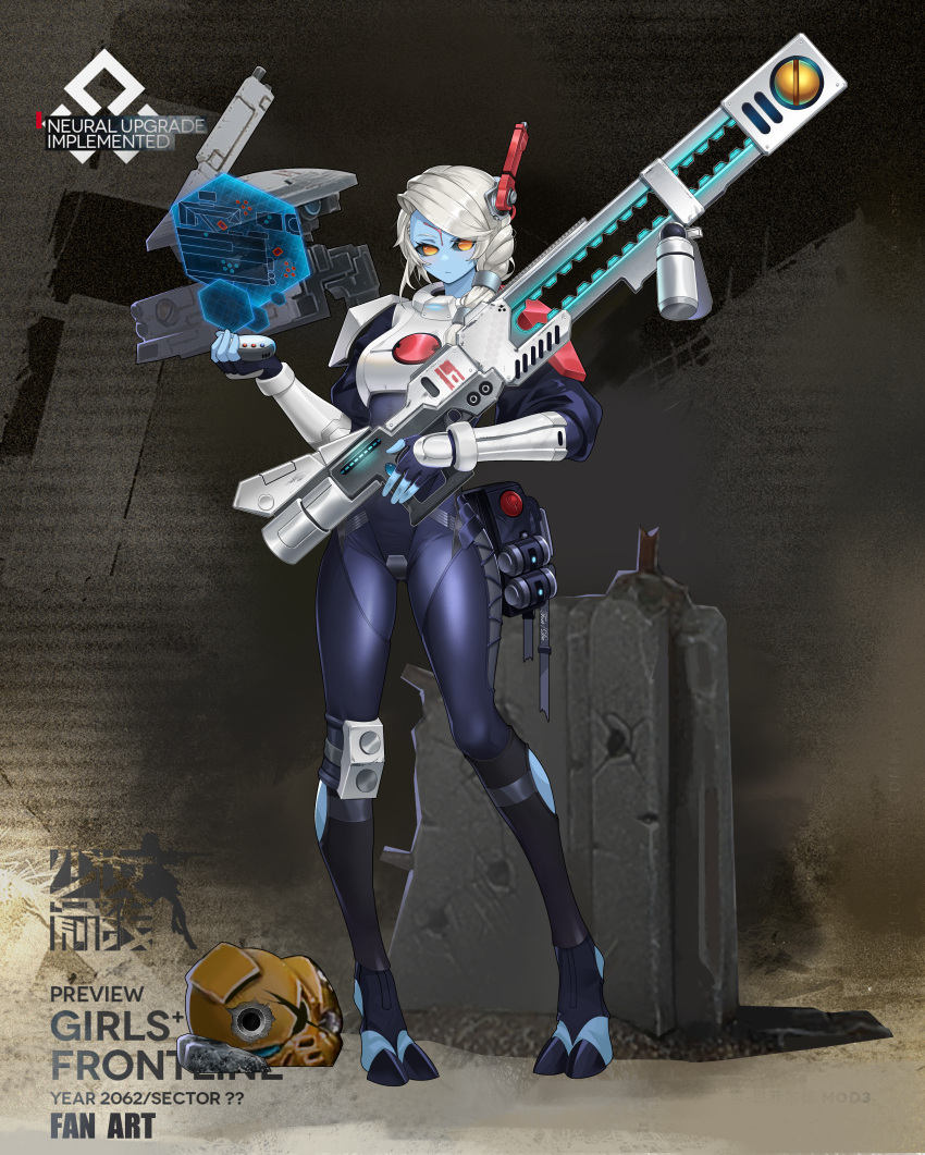 1girl absurdres armor black_sclera blue_skin bodysuit broken_helmet colored_sclera colored_skin commentary_request digitigrade drone english_text fingerless_gloves full_body girls'_frontline gloves gun highres holding holding_gun holding_weapon holographic_interface hooves looking_at_viewer moonface no_pupils orange_eyes rifle skin_tight solo stirrup_legwear t'au toeless_legwear warhammer_40k weapon white_hair