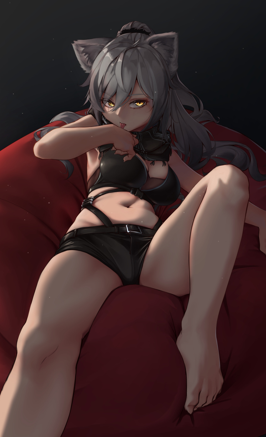 1girl :p absurdres animal_ears arknights bangs bare_arms bare_legs bare_shoulders barefoot black_background black_shorts breasts cat_ears commentary_request crop_top foot_out_of_frame grey_hair hair_between_eyes highres kaos_(998) large_breasts long_hair looking_at_viewer midriff navel schwarz_(arknights) short_shorts shorts solo stomach thighs tongue tongue_out yellow_eyes