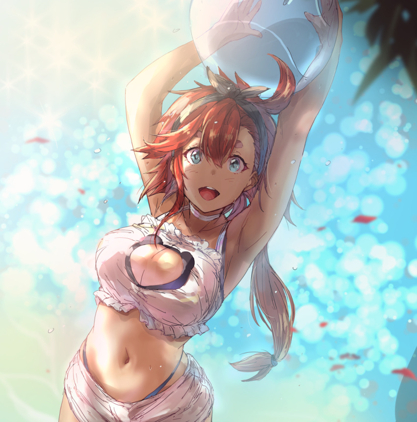 1girl ahoge armpits arms_up ball beachball blue_eyes breasts cleavage cleavage_cutout clothing_cutout gundam gundam_suisei_no_majo highres holding holding_ball holding_beachball long_hair low-tied_long_hair matsukura_nemu navel ocean red_hair shorts suletta_mercury swimsuit thick_eyebrows