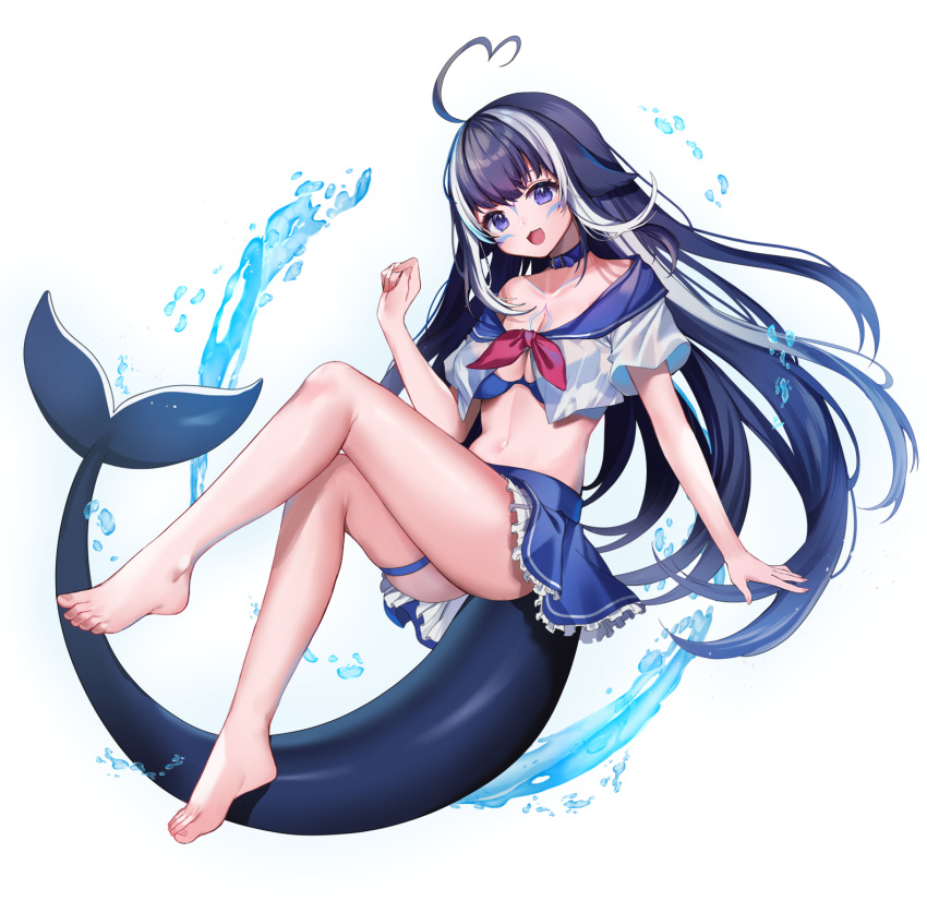 1girl :3 :d ahoge animal_ears arm_tattoo belt_collar bikini bikini_under_clothes black_hair blue_bikini blue_collar blue_skirt breasts cetacean_tail chest_tattoo cleavage collar criss-cross_halter english_commentary facial_tattoo fish_tail halterneck heart heart_ahoge highres indie_virtual_youtuber large_breasts leg_tattoo long_hair looking_at_viewer multicolored_hair navel open_mouth orca_girl purple_eyes school_uniform see-through see-through_shirt serafuku shirt shylily skirt smile streaked_hair swimsuit tail tattoo thigh_strap virtual_youtuber water white_hair white_shirt yuniiho