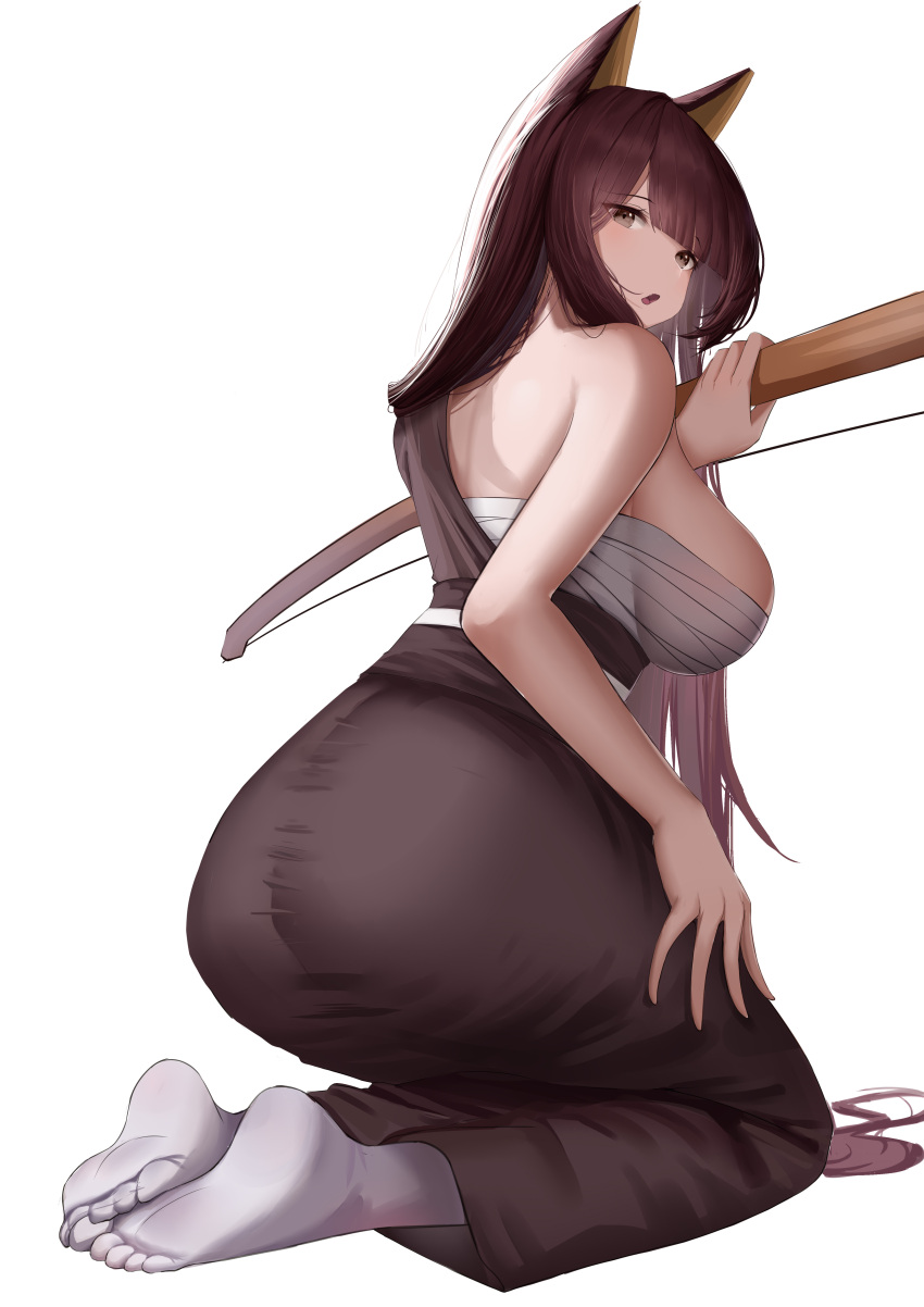 1girl :o absurdres akagi_(warship_girls_r) animal_ears ass bangs bare_shoulders blunt_bangs bow_(weapon) breasts brown_eyes brown_hair brown_kimono fox_ears from_behind full_moon grey_socks highres holding holding_bow_(weapon) holding_weapon japanese_clothes kimono kneeling lahz52 large_breasts long_hair looking_at_viewer looking_back moon no_shoes open_mouth sarashi sideboob simple_background single_bare_shoulder socks soles solo very_long_hair warship_girls_r weapon white_background