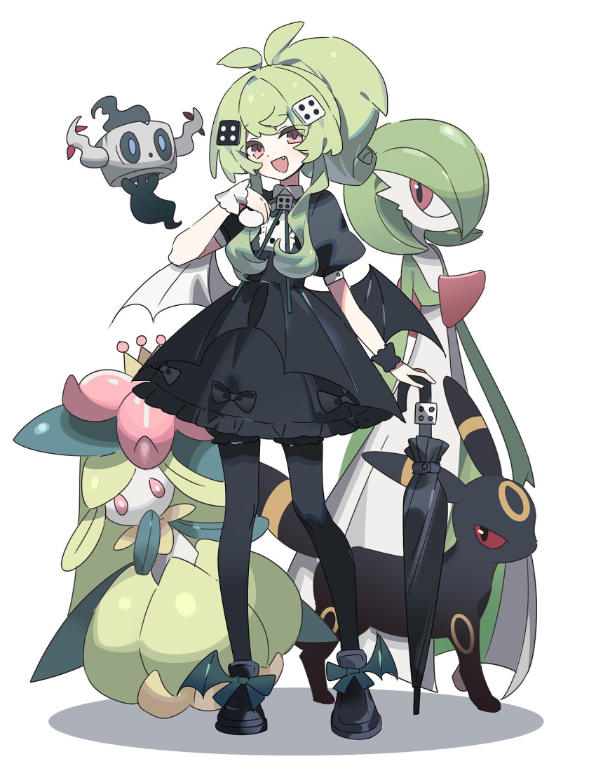 1girl ahoge asphyxia17 black_bow black_dress black_footwear black_pantyhose black_umbrella bow bright_pupils colored_sclera colored_skin demon_wings dress dress_bow fake_wings fang floating full_body gardevoir gothic_lolita green_hair green_skin hair_ornament hand_to_own_mouth hand_up highres holding holding_umbrella horns lilligant lolita_fashion looking_at_viewer multicolored_skin neck_ribbon open_mouth original pantyhose phantump pokemon pokemon_(creature) ponytail puffy_short_sleeves puffy_sleeves red_eyes red_sclera ribbon shadow short_sleeves standing two-tone_skin umbrella umbreon white_pupils white_skin winged_footwear wings wrist_cuffs