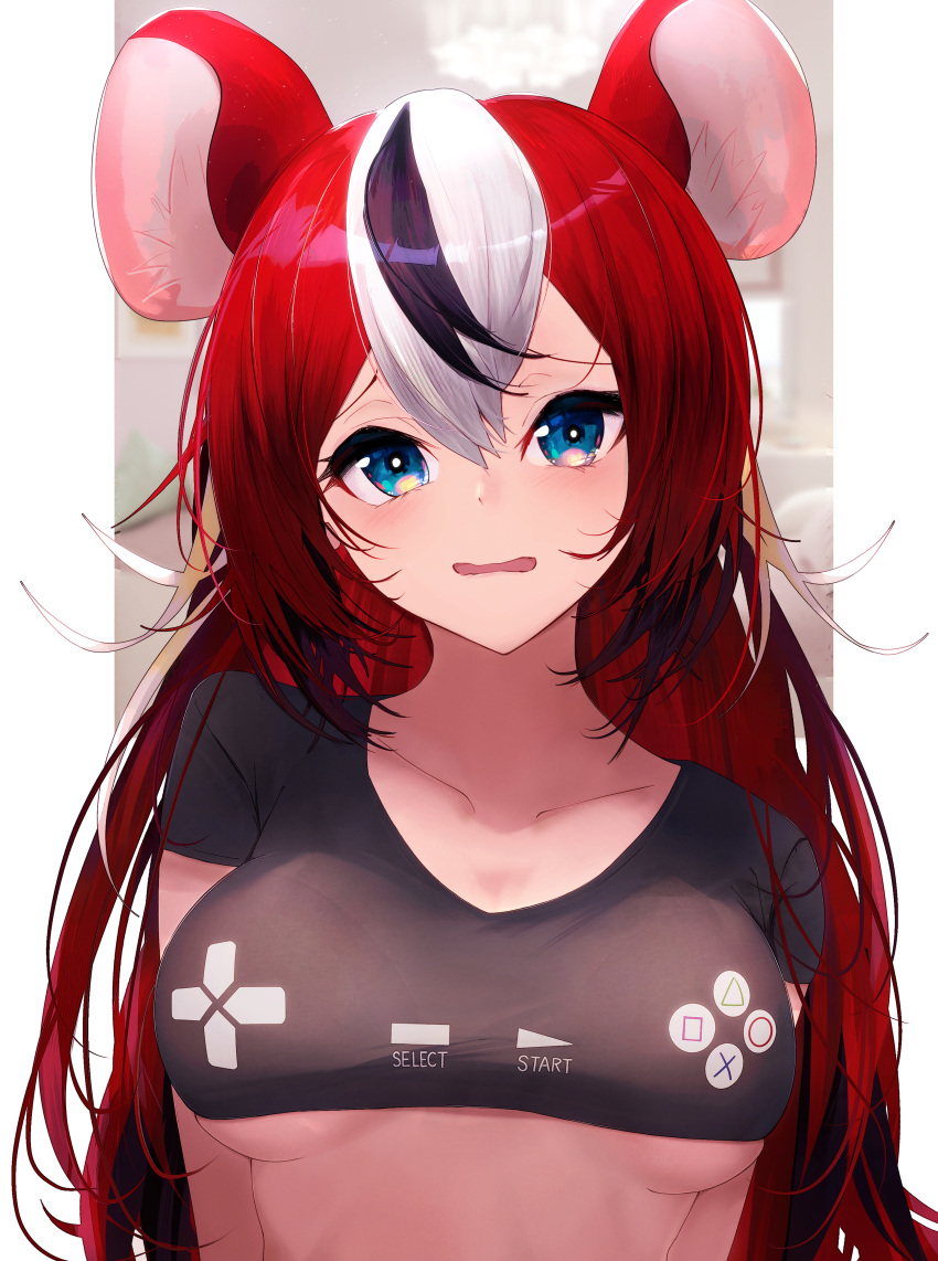 1girl absurdres animal_ear_fluff animal_ears bangs black_hair black_shirt blue_eyes breasts collarbone controller crop_top game_controller getto hakos_baelz highres hololive hololive_english long_hair looking_at_viewer medium_breasts mouse_ears mouse_girl multicolored_hair parted_lips playstation_controller print_shirt raised_eyebrows red_hair shirt shy solo streaked_hair underboob upper_body virtual_youtuber white_hair