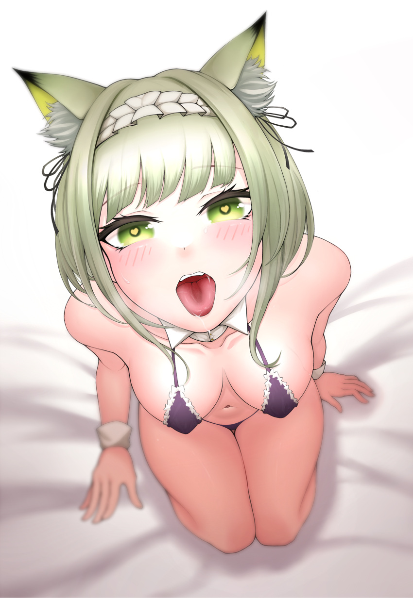 1girl absurdres animal_ears arknights bare_shoulders bed_sheet black_bra black_panties blush bra breasts cat_ears cleavage collarbone da39123 detached_collar frilled_bra frills from_above full_body green_eyes green_hair heart heart-shaped_pupils heavy_breathing highres kal'tsit_(arknights) large_breasts looking_at_viewer looking_up navel open_mouth panties saliva seiza short_hair sitting solo symbol-shaped_pupils tongue tongue_out underwear underwear_only wrist_cuffs
