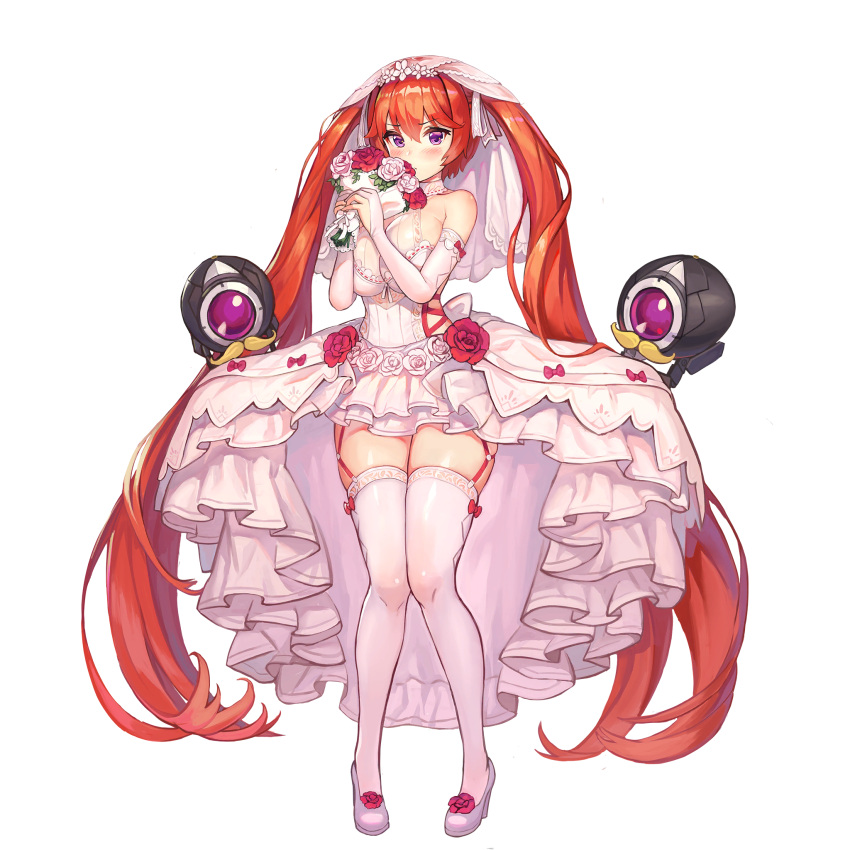 1girl ass_visible_through_thighs bangs bare_shoulders blush bouquet breasts bridal_gauntlets bridal_veil bride cleavage collar dress drone elbow_gloves fake_facial_hair fake_mustache flower frilled_collar frilled_dress frilled_skirt frills full_body game_cg garter_straps gloves hair_between_eyes high-low_skirt high_heels highres holding holding_bouquet huge_breasts knees_together_feet_apart lace-trimmed_dress lace_ribbon lace_trim last_origin layered_skirt long_hair looking_at_viewer may_of_doom official_alternate_costume official_art paintale partially_fingerless_gloves purple_eyes red_flower red_garter_straps red_hair red_ribbon red_rose ribbon ribbon-trimmed_gloves ribbon-trimmed_skirt ribbon_trim rose side_cutout sideboob sideboob_cutout skindentation skirt skirt_hold solo strapless strapless_dress tachi-e thighhighs transparent_background twintails veil very_long_hair wedding_dress white_collar white_dress white_flower white_footwear white_gloves white_rose