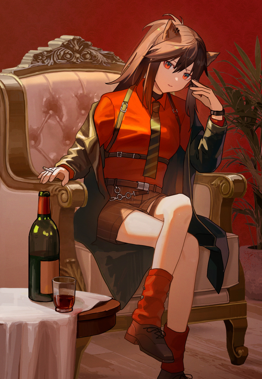 1girl absurdres animal_ears arknights armchair black_hair black_jacket black_shorts bottle brown_footwear chair crossed_legs cup dress_jacket dress_shirt drinking_glass ear_piercing green_necktie hair_between_eyes highres indoors jacket long_sleeves necktie off_shoulder official_alternate_costume open_clothes open_jacket piercing plant ponytail potted_plant red_background red_eyes red_shirt red_socks shikisimayu shirt shoes shorts sidelocks simple_background socks solo texas_(arknights) texas_(willpower)_(arknights) watch wine_bottle wine_glass wolf_ears wolf_girl wooden_floor wristwatch