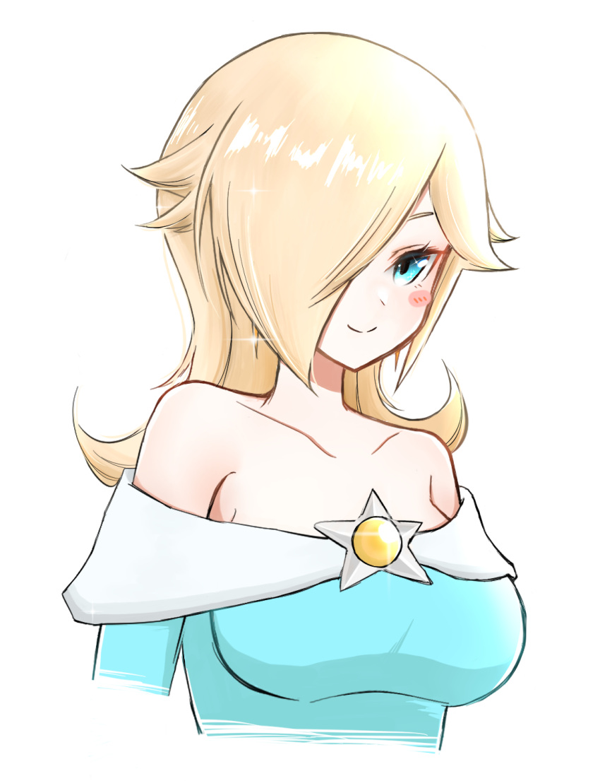 1girl aqua_eyes bare_shoulders blonde_hair blush closed_mouth crown crown_removed dress earrings highres jewelry long_hair looking_at_viewer mario_(series) rosalina smile solo super_mario_galaxy super_mario_galaxy_2 super_smash_bros. tomatomiya upper_body