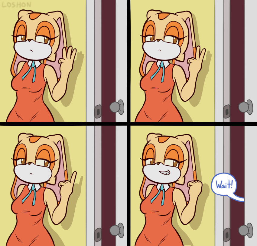 2022 aged_up anthro biped breasts clothed clothing comic counting cream_the_rabbit dialogue digital_media_(artwork) door doorknob doorway dress english_text female fingers gynomorph inside intersex lagomorph leporid loshon mammal rabbit sega smile solo sonic_the_hedgehog_(series) speech_bubble text video_games waiting