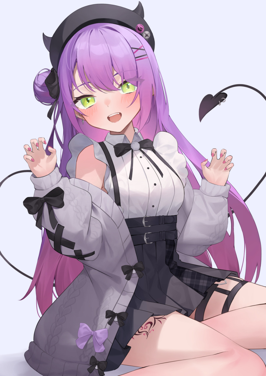 1girl :d bangs black_headwear black_skirt blush cardigan claw_pose collared_shirt demon_tail ear_piercing fake_horns green_eyes grey_cardigan hair_bun hair_ornament high-waist_skirt highres hololive horned_headwear horns jirai_kei jmao long_hair looking_at_viewer open_cardigan open_clothes piercing pink_nails purple_hair shirt simple_background single_side_bun sitting skirt smile solo tail tail_ornament tail_piercing tokoyami_towa very_long_hair virtual_youtuber white_shirt x_hair_ornament