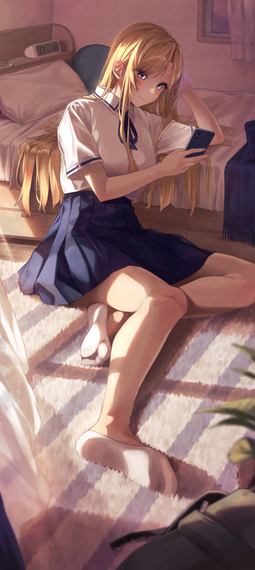 1girl absurdres against_bed arm_support banana_oekaki bangs bare_legs bed blonde_hair blue_eyes blue_ribbon blue_skirt blush carpet cellphone clock closed_mouth collared_shirt curtains full_body hand_on_own_head highres holding holding_phone indoors leaning_on_object legs long_hair looking_at_phone lying neck_ribbon nishina_toriko no_shoes on_floor on_side parted_bangs phone pillow pleated_skirt revision ribbon school_uniform shirt short_sleeves sidelocks sitting skirt smartphone smile solo sunlight thighs urasekai_picnic white_footwear white_shirt window