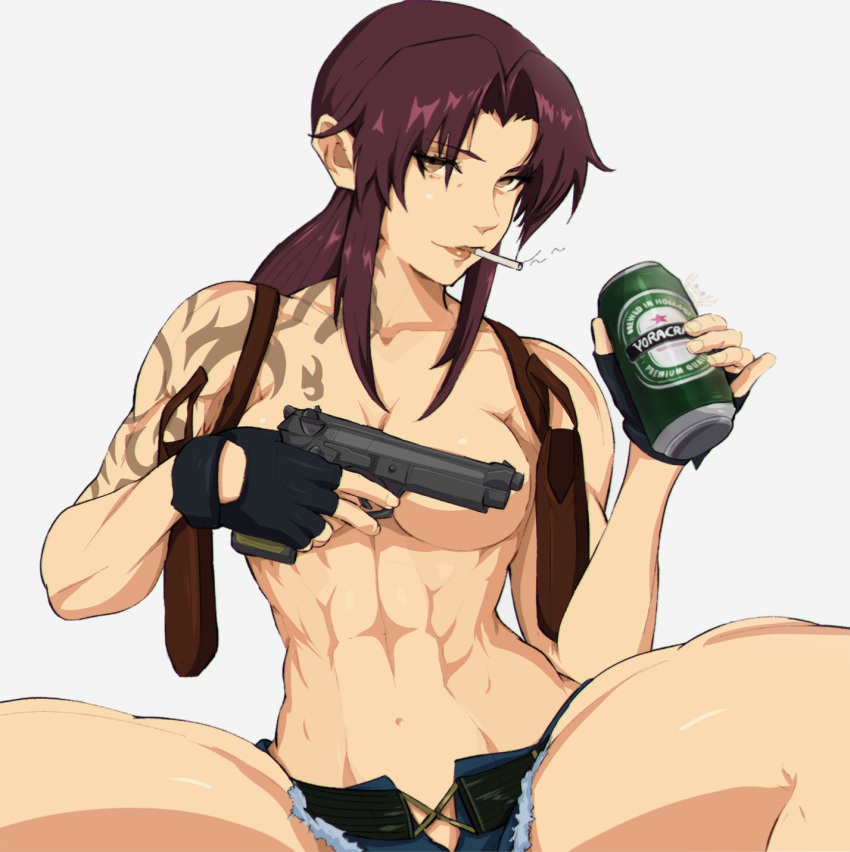 1girl abs beer_can belt black_lagoon can cigarette denim denim_shorts fingerless_gloves gloves gun highres holding holding_can holding_gun holding_weapon holster long_hair looking_at_viewer muscular muscular_female revy_(black_lagoon) shorts sidelocks simple_background smoking solo spread_legs tattoo toned topless weapon yellow_eyes yoracrab