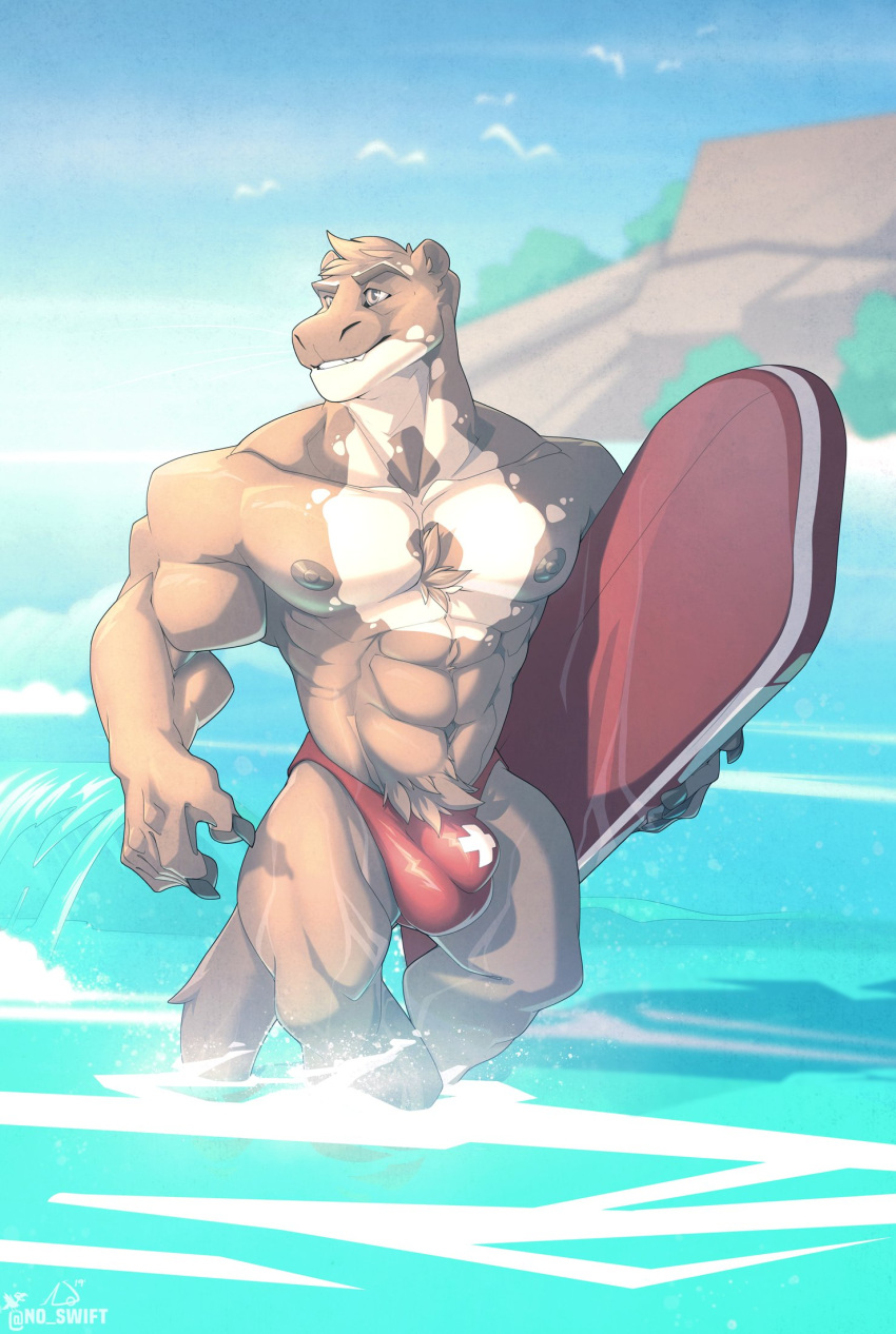 2019 5_fingers abs anthro balls_outline beach big_bulge big_muscles black_claws brown_body brown_eyes brown_fur brown_nipples bulge chest_tuft claws clothed clothing detailed_bulge fingers friday_(friday_otter) fur genital_outline giant_otter hi_res humanoid_hands lifeguard looking_aside lutrine male mammal mottled mottled_body mottled_fur muscular muscular_anthro muscular_male mustelid navel nipples no_swift outside pecs penis_outline pubes river_otter seaside smile solo speedo speedo_only standing surfing swimwear teeth topless tuft water whiskers