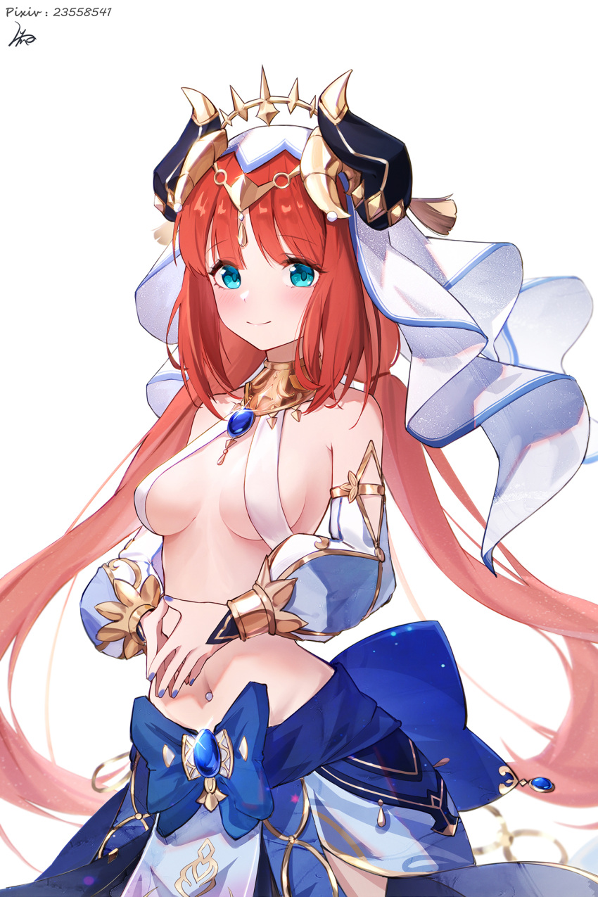 1girl aqua_eyes arabian_clothes bangs bare_shoulders blue_bow blue_gemstone bow breasts brooch circlet closed_mouth commentary_request crop_top detached_sleeves gem genshin_impact gold_trim highres horns jewelry long_hair long_sleeves looking_at_viewer low_twintails luma_li medium_breasts nail_polish navel neck_ring nilou_(genshin_impact) parted_bangs pixiv_id puffy_long_sleeves puffy_sleeves red_hair revealing_clothes revision signature simple_background skirt smile solo stomach twintails vambraces veil vision_(genshin_impact) white_background