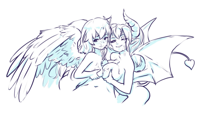 1boy 2girls angel_and_devil angel_wings aogami ass between_breasts breast_grab breasts commentary cum cum_on_body demon_horns demon_wings ejaculation erection faceless grabbing head_out_of_frame heart heart_tail highres horns lineart looking_at_viewer medium_breasts multiple_girls original simple_background tail teeth wings