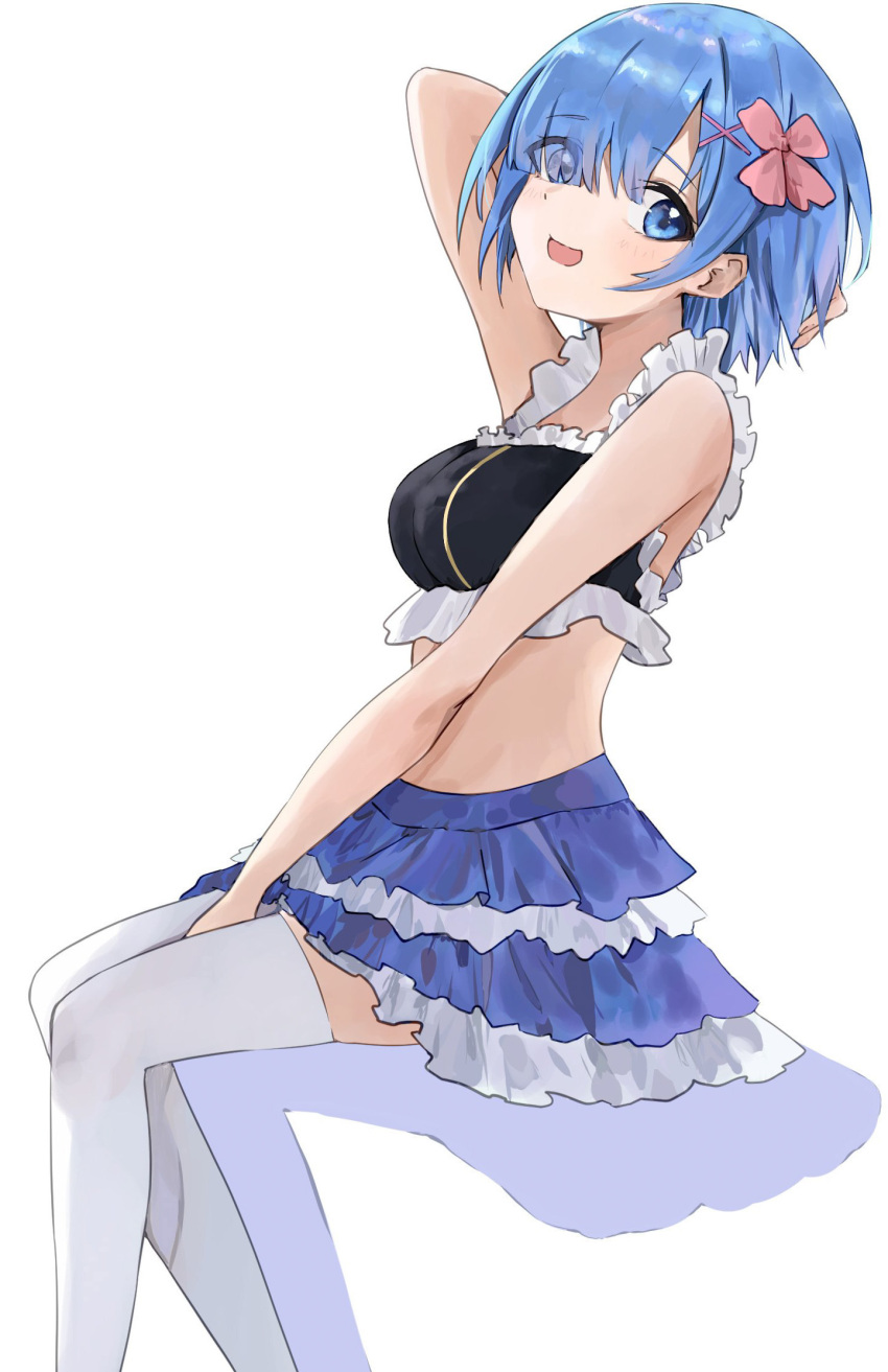 1girl :d arm_behind_head bangs bare_arms bare_shoulders between_legs black_shirt blue_eyes blue_hair blue_skirt breasts commentary_request crop_top eyes_visible_through_hair feet_out_of_frame flower frilled_shirt frilled_skirt frills hair_flower hair_ornament hand_between_legs highres invisible_chair looking_at_viewer medium_breasts open_mouth ponzu_pon9 re:zero_kara_hajimeru_isekai_seikatsu rem_(re:zero) shirt short_hair sidelocks simple_background sitting skirt sleeveless slim_legs smile solo thighhighs white_background white_thighhighs x_hair_ornament