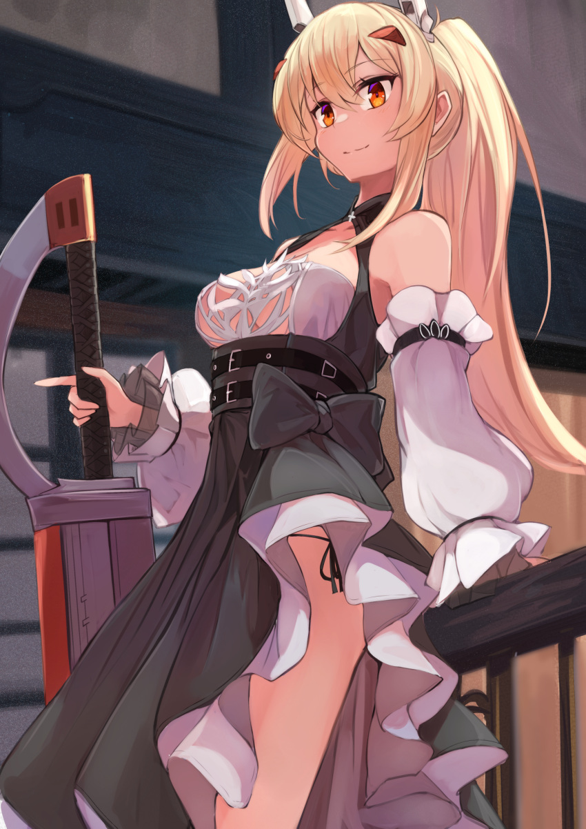 1girl arm_support ayanami_(azur_lane) ayanami_(nightfall_raiment)_(azur_lane) azur_lane bangs black_dress blonde_hair bow breasts closed_mouth commentary dress dress_bow feet_out_of_frame highres holding holding_sword holding_weapon long_hair looking_away marshall_k mechanical_ears medium_breasts official_alternate_costume orange_eyes ponytail sidelocks smile solo standing sword two-tone_dress weapon wide_sleeves