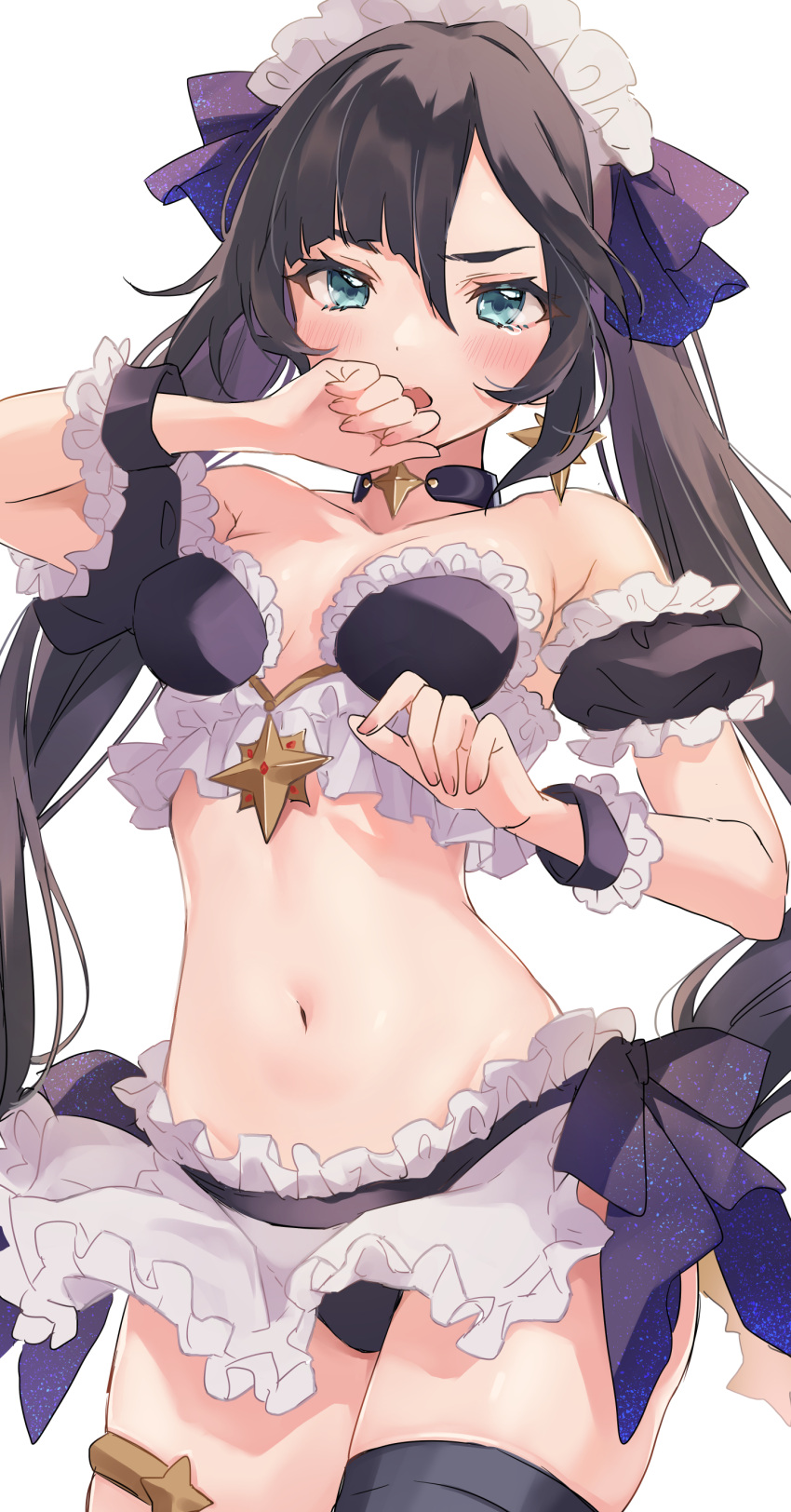 1girl absurdres alternate_costume bikini black_hair blush breasts frilled_bikini frilled_headwear frills genshin_impact highres looking_at_viewer medium_breasts mona_(genshin_impact) open_mouth simple_background solo swimsuit tagme teti twintails white_background