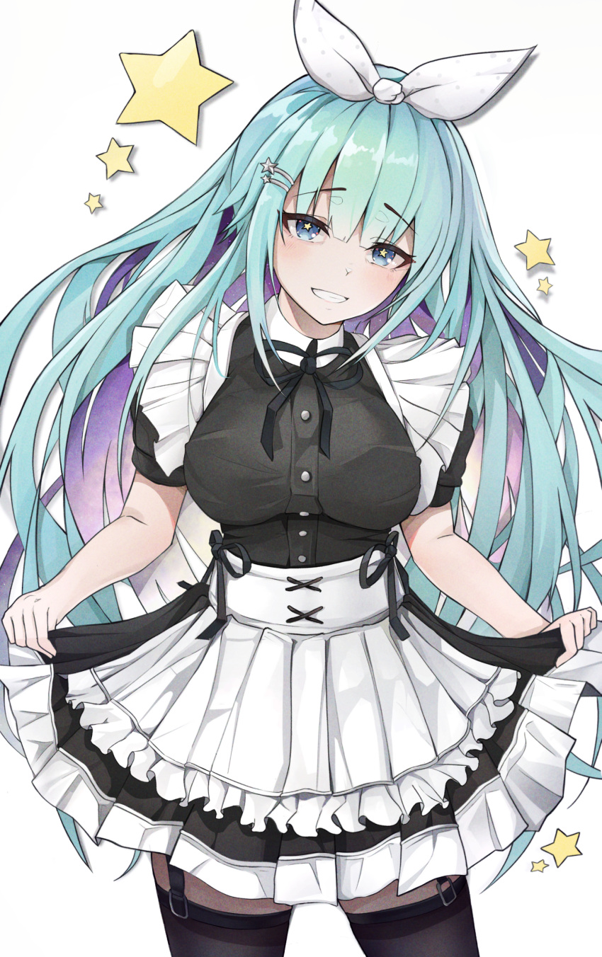 1girl absurdres aqua_hair black_ribbon black_thighhighs blue_eyes breasts colored_inner_hair commission erica_(soccer_spirits) garter_straps hairband highres large_breasts long_hair looking_at_viewer maid multicolored_hair neck_ribbon purple_hair revision ribbon simple_background soccer_spirits solo star-shaped_pupils star_(symbol) symbol-shaped_pupils thighhighs umber00 white_background white_hairband