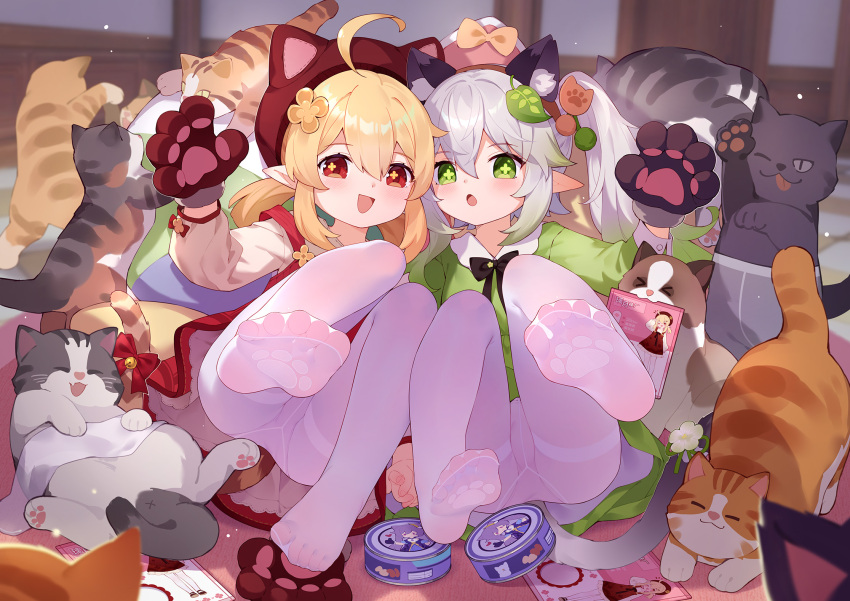 2girls :d :o animal_ears animal_hands bangs blonde_hair blush cat cat_ears cross-shaped_pupils dress elf fake_animal_ears feet flower foot_focus full_body genshin_impact gloves gradient_hair green_dress green_eyes green_hair hair_between_eyes hair_flower hair_ornament hat highres klee_(genshin_impact) leaf_hair_ornament long_hair long_sleeves multicolored_hair multiple_girls nahida_(genshin_impact) no_shoes pantyhose paw_gloves paw_print_soles pet_food pointy_ears red_dress red_eyes revision side_ponytail smile soles thighband_pantyhose toes tsubasa_tsubasa white_hair white_pantyhose