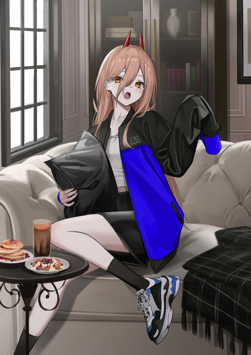 1girl absurdres blanket book chainsaw_man couch crosshair cup demon_horns fangs food highres holding holding_pillow horns kit long_hair long_sleeves looking_at_viewer lower_teeth open_mouth pancake pancake_stack pillow plate power_(chainsaw_man) shelf shirt shoes sitting skirt sneakers socks solo symbol-shaped_pupils teeth upper_teeth white_shirt window yellow_eyes