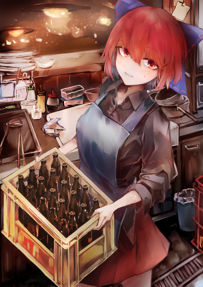 1girl absurdres apron black_shirt blue_apron blue_bow bottle bow chopsticks closed_mouth commentary_request cutting_board hair_between_eyes highres holding indoors kitchen ladle looking_at_viewer red_eyes red_hair red_skirt safutsuguon sekibanki shirt short_hair skirt solo standing touhou upper_body