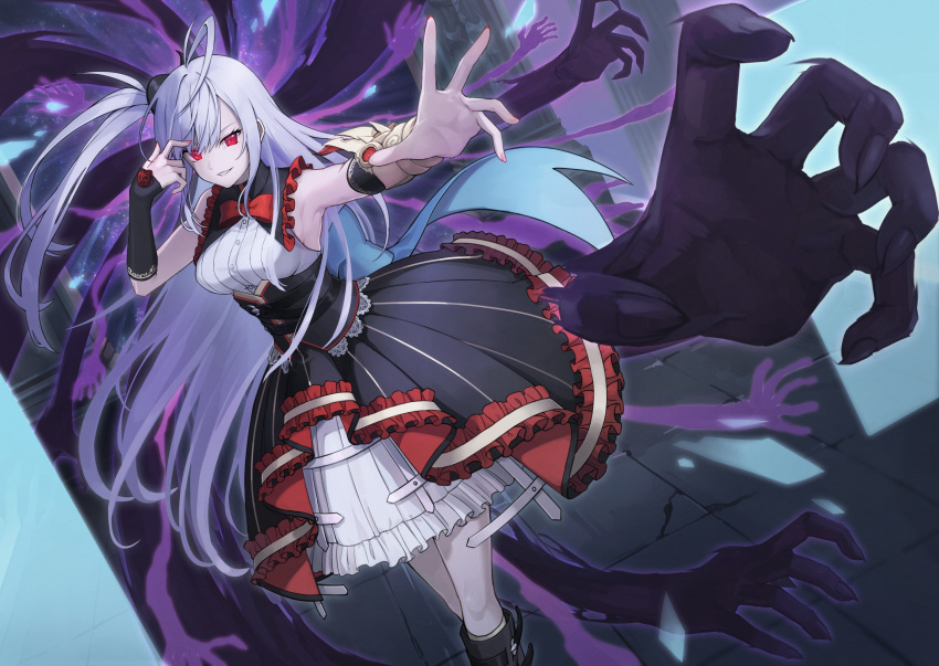 1girl absurdres bangs black_footwear black_skirt boots bow bowtie breasts character_request commentary_request duel_masters duel_masters_play's extra_arms flower frilled_skirt frills ginopi grey_hair hair_between_eyes highres knee_boots long_hair looking_at_viewer medium_breasts one_side_up parted_lips red_bow red_bowtie red_eyes red_flower red_rose revision rose shirt skirt sleeveless sleeveless_shirt smile solo very_long_hair white_shirt