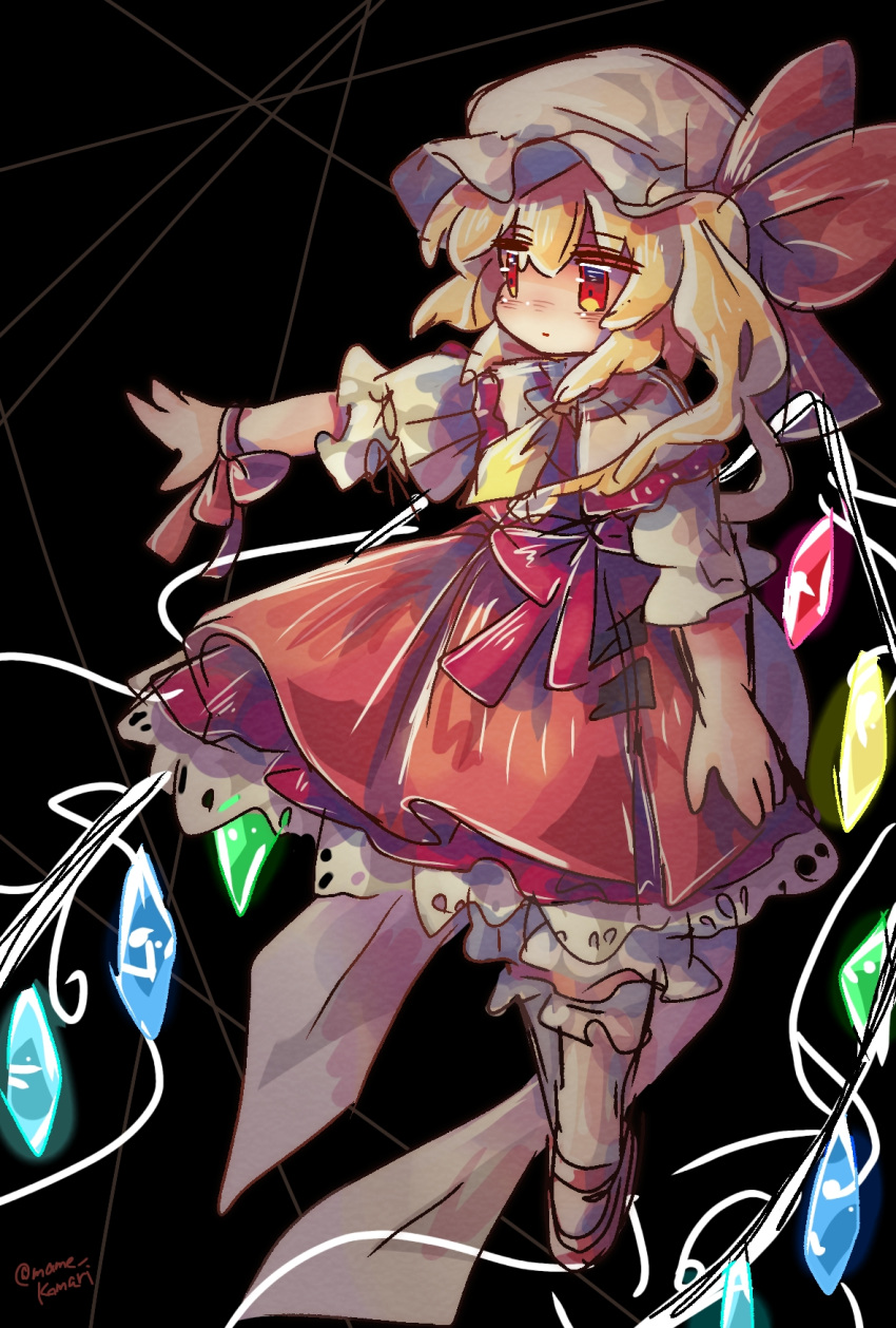 1girl adapted_costume back_bow black_background blonde_hair bow closed_mouth flandre_day flandre_scarlet full_body hair_between_eyes hat highres large_bow mame_komari mary_janes medium_hair mob_cap multicolored_wings puffy_short_sleeves puffy_sleeves red_eyes red_footwear red_ribbon red_skirt red_vest ribbon shirt shoes short_sleeves simple_background skirt socks solo touhou vest white_bow white_headwear white_shirt white_socks wings wrist_ribbon