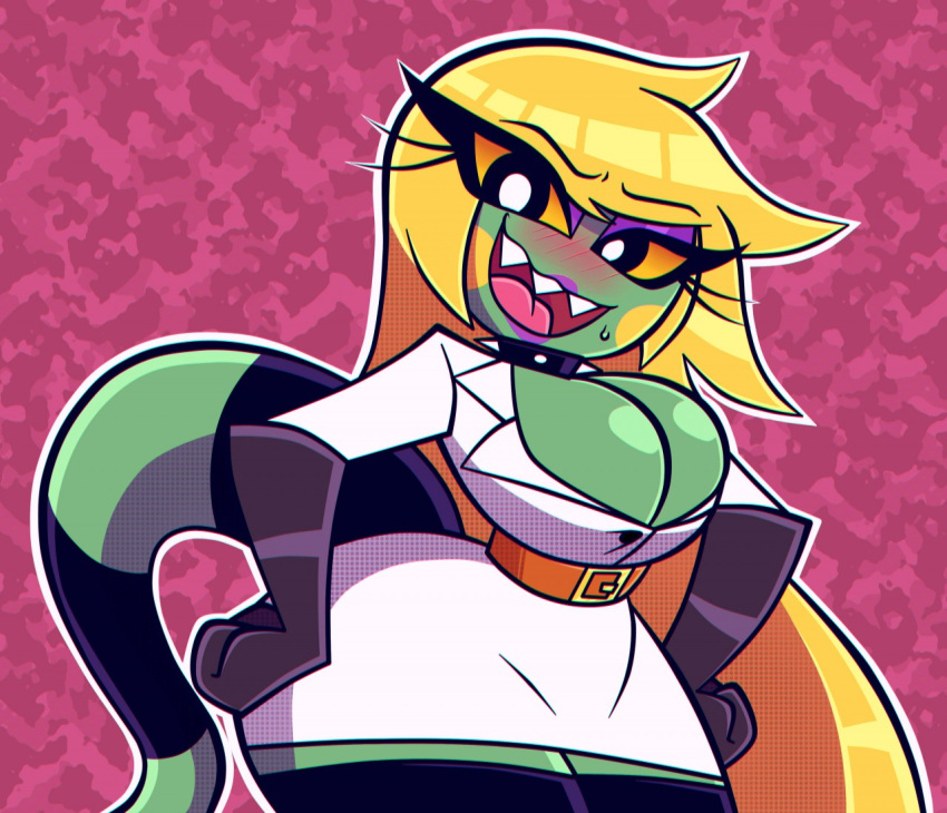 anthro belt big_breasts blonde_hair blush breasts cleavage clothed clothing collar eliza_(nelljoestar) embarrassed female gloves green_body hair handwear iguanid latex_gloves legwear lizard long_hair long_tail nelljoestar reptile scalie sharp_teeth smile solo spiked_collar spikes teeth white_clothing wide_hips yellow_sclera