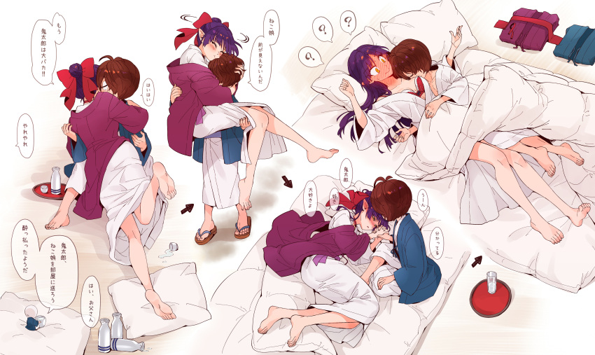 1girl 2boys absurdres alternate_hairstyle barefoot bed blush bottle bra brown_hair carrying carrying_person commentary_request cup embarrassed full-face_blush futon gegege_no_kitarou hair_bun hair_down hair_over_one_eye haori height_difference hetero highres japanese_clothes kimono kitarou long_hair lying medama_oyaji multiple_boys nekomusume nekomusume_(gegege_no_kitarou_6) on_back on_bed pillow purple_hair red_bra sandals silanduqiaocui speech_bubble spill sweatdrop translation_request underwear white_kimono yellow_eyes