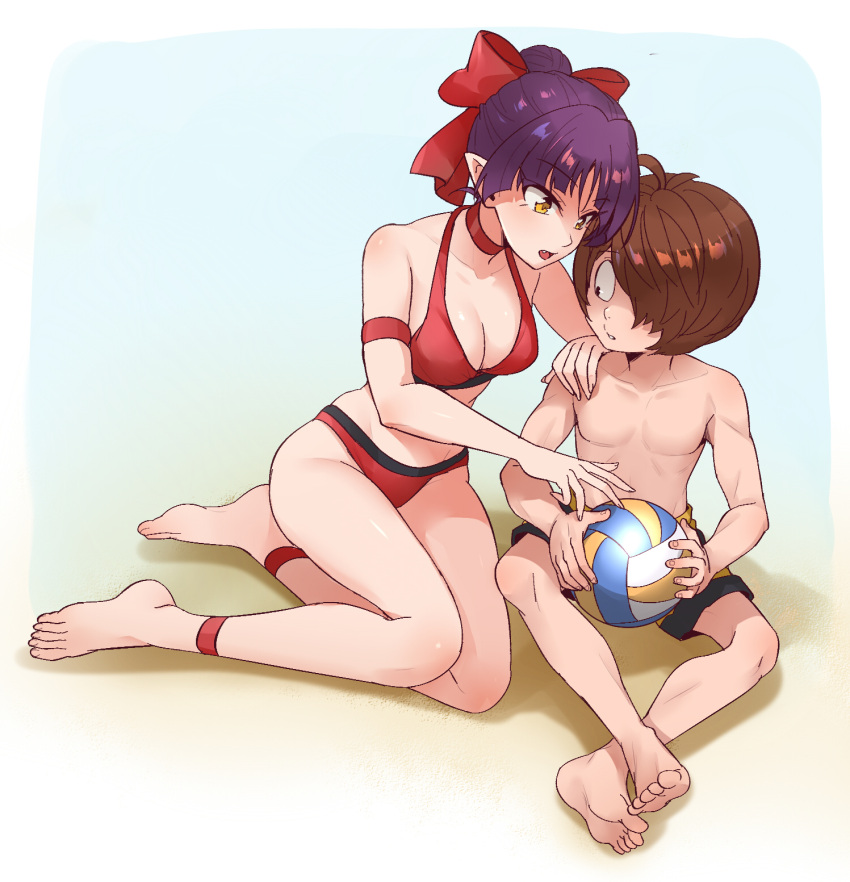 1boy 1girl bare_shoulders barefoot bikini blue_background border bow breasts brown_hair choker cleavage collarbone commentary_request fang gegege_no_kitarou hair_bow hair_over_one_eye hand_on_another's_shoulder height_difference hetero highres kitarou looking_at_breasts medium_breasts nekomusume nekomusume_(gegege_no_kitarou_6) pointy_ears purple_hair red_bikini red_bow red_choker shorts silanduqiaocui sitting striped striped_shorts swimsuit volleyball white_border yellow_eyes