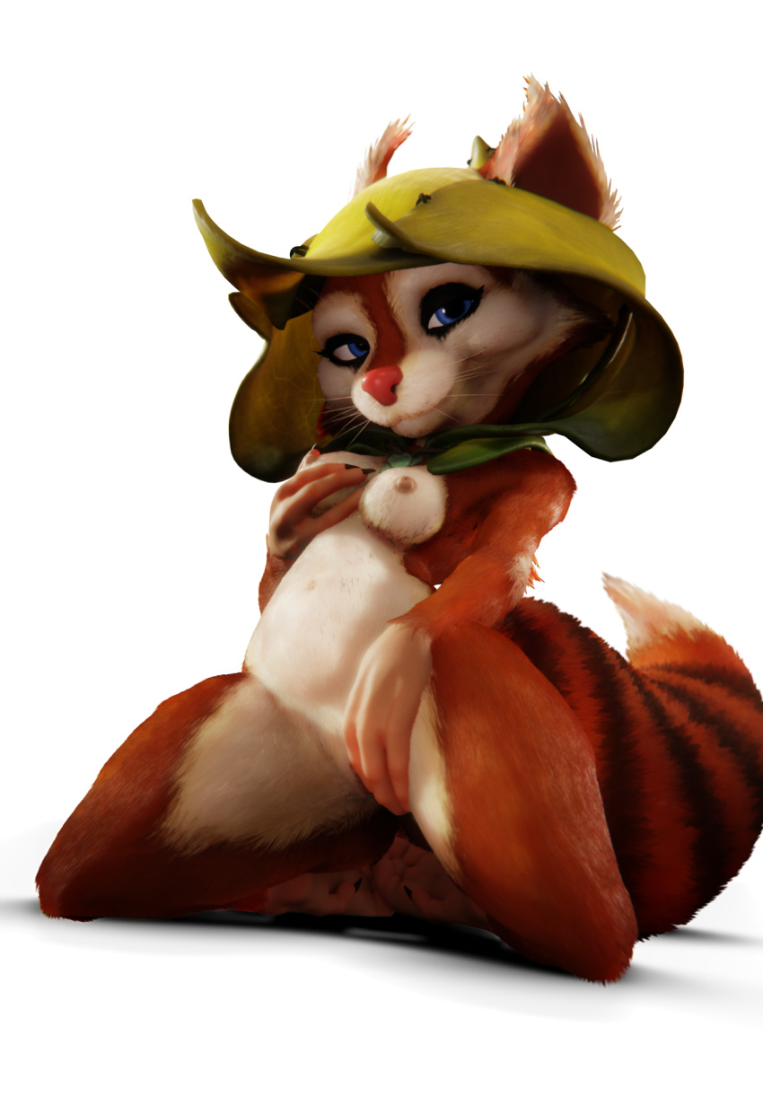 4_fingers anthro breasts cowl dota female fingers fur genitals hi_res hood hoodwink_(dota) mammal nipples pose red_body red_fur rodent sciurid sitting smile solo tail_tuft tree_squirrel tuft video_games white_body