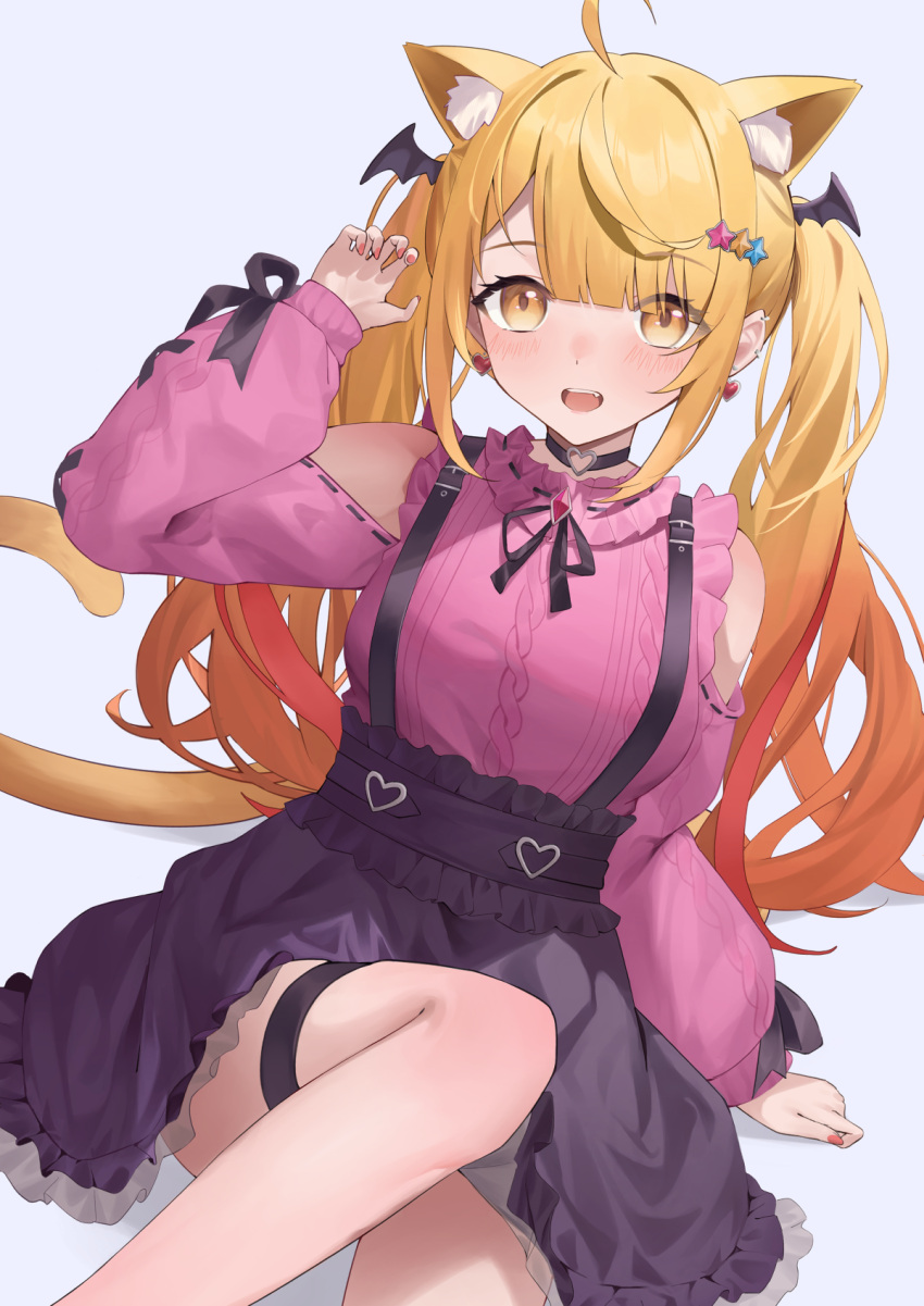 1girl :d ahoge animal_ear_fluff animal_ears arm_support bangs blonde_hair blunt_bangs blush cat_ears cat_tail earrings extra_ears frilled_skirt frills heart heart_earrings high-waist_skirt highres hololive jewelry jirai_kei jmao long_hair long_sleeves looking_at_viewer pink_nails pink_sweater simple_background sitting skirt smile solo suspender_skirt suspenders sweater tail thigh_strap twintails very_long_hair virtual_youtuber yellow_eyes yozora_mel