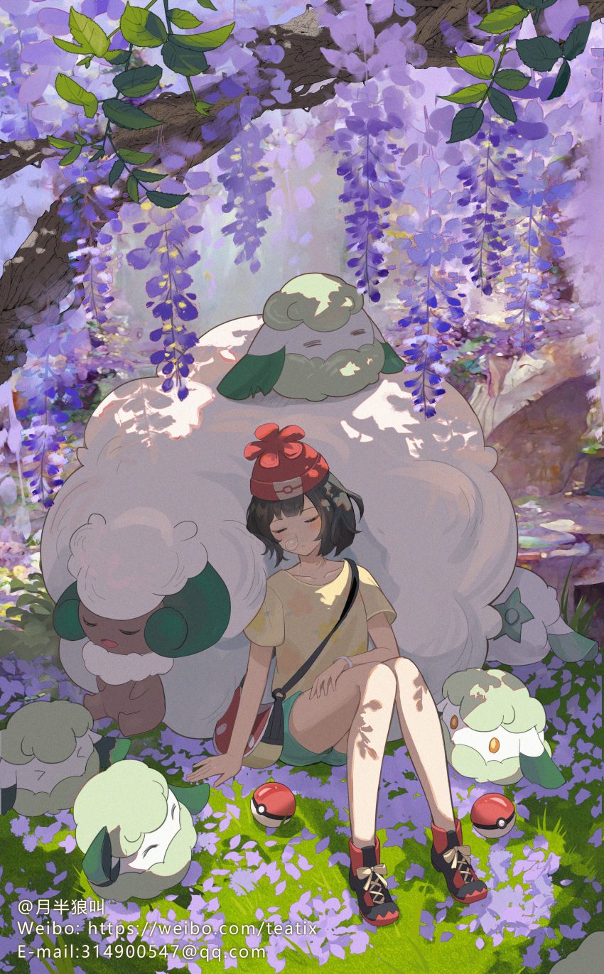 1girl absurdres bare_legs beanie black_hair bracelet closed_eyes closed_mouth collarbone commentary_request cottonee day floral_print green_shorts hat highres jewelry outdoors poke_ball poke_ball_(basic) pokemon pokemon_(creature) pokemon_(game) pokemon_sm red_headwear selene_(pokemon) shirt short_hair short_shorts short_sleeves shorts sitting sleeping t-shirt teatix watermark web_address whimsicott