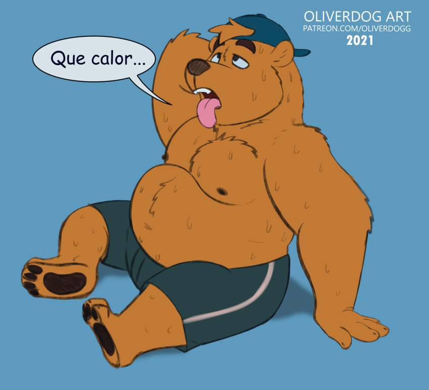 anonymous_artist anthro belly bodily_fluids bottomwear chest_fur clothing eyebrows feet hair hand_on_head hat headgear headwear hi_res hindpaw male mammal on_ground overweight overweight_male pants paws solo sweat tired_eyes tongue tongue_out tony_(tonycomics) tonycomics ursid