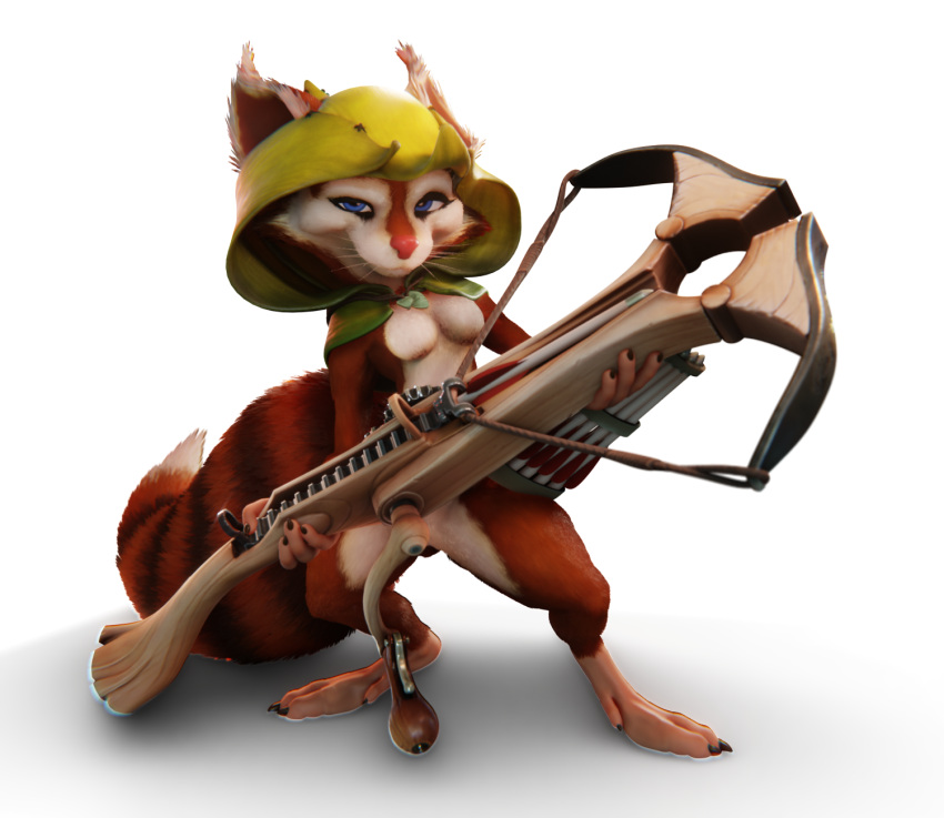 4_fingers anthro breasts cowl crossbow dota female fingers fur genitals hi_res hood hoodwink_(dota) mammal nipples pose ranged_weapon red_body red_fur rodent sciurid smile solo tail_tuft tree_squirrel tuft video_games weapon white_body