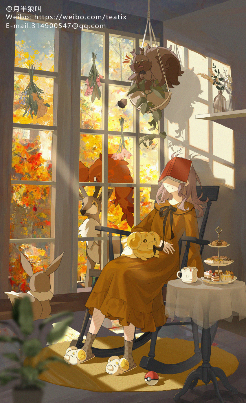 1girl absurdres autumn basket blurry book brown_dress chair character_print commentary_request day dress eevee fidough flower greedent highres long_hair milcery neck_ribbon plant pokemon pokemon_(creature) potted_plant ribbon rocking_chair rug sawsbuck sawsbuck_(autumn) sitting sleeping slippers socks table teatix watermark web_address window
