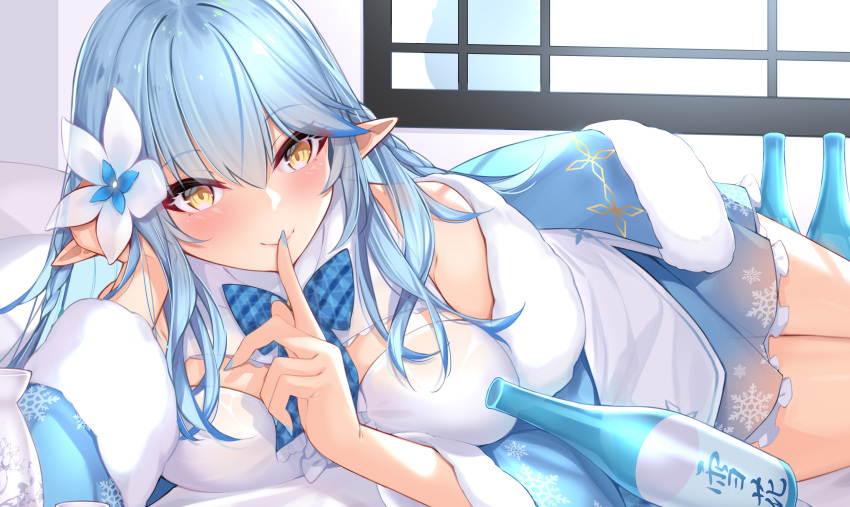 1girl absurdres ahoge blue_hair blue_nails blush bottle bow bowtie braid breasts coat dean elbow_rest elf finger_to_mouth flower hair_flower hair_ornament highres hololive large_breasts light_blue_hair long_hair lying on_side pointy_ears sake_bottle shushing smile solo twin_braids virtual_youtuber window yellow_eyes yukihana_lamy