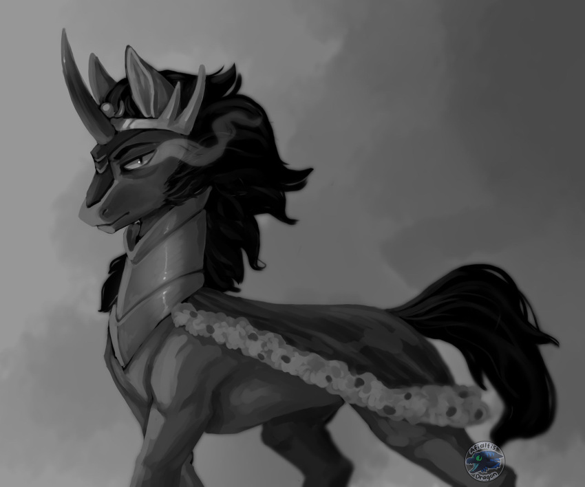 2021 afialtisdragon armor cape clothing crown equid equine eyebrows feral friendship_is_magic glowing glowing_eyes greyscale half-closed_eyes hasbro hi_res horn king_sombra_(mlp) looking_at_viewer male mammal mane monochrome my_little_pony narrowed_eyes signature solo unicorn unicorn_horn