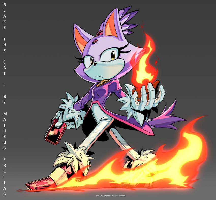 2021 anthro blaze_the_cat clothing elemental_manipulation english_text felid feline female fire fire_manipulation footwear fur gem gloves handwear hi_res mammal purple_body purple_fur satierf sega simple_background solo sonic_the_hedgehog_(series) text url